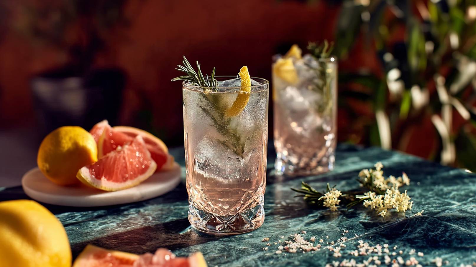Zwei Gläser mit einem erfrischenden Cocktail, gefüllt mit Eis, befinden sich auf einem Tisch. Die Getränke sind mit Zitronenschalen und Rosmarin garniert. Neben den Gläsern liegen frische Zitronen und Grapefruitstücke auf einem Teller. Der Hintergrund zeigt Pflanzen.