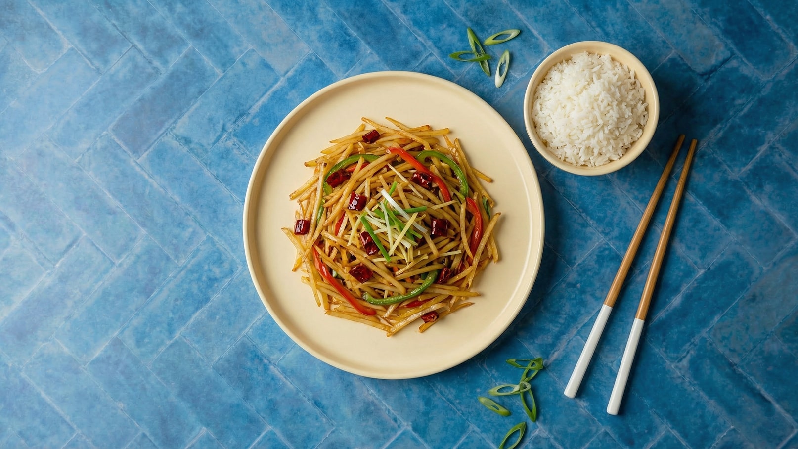 Ein runder Teller mit gebratenen Kartoffelstreifen, bunten Paprika und roten Chilischoten. Frischer Schnittlauch dekoriert das Gericht. Daneben befindet sich eine Schüssel mit weißem Reis und Essstäbchen. Der Untergrund ist in einem blauen Muster.