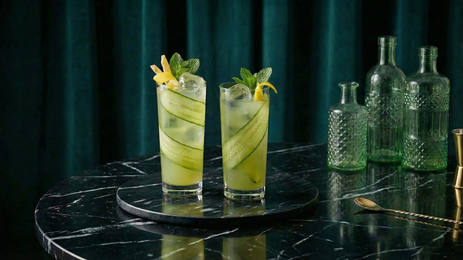 Zwei hohe Cocktails in Gläsern, gefüllt mit einer klaren Flüssigkeit, eisgekühlt und garniert mit Gurkenscheiben, frischen Minzblättern und Zitronenscheiben, stehen auf einem dunklen Marmortisch. Im Hintergrund sind dekorative grüne Flaschen sichtbar.
