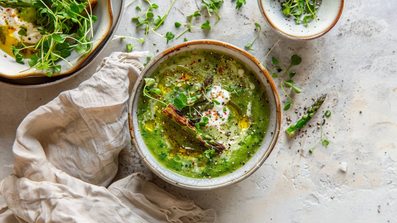 Eine Schüssel mit grüner Suppe, garniert mit frischen Kräutern, einem Klecks Sahne und roten Gewürzen. Daneben liegt ein Lappen und einige Kräuter sind verstreut. Im Hintergrund sieht man eine kleinere Schüssel mit ähnlichen Zutaten.