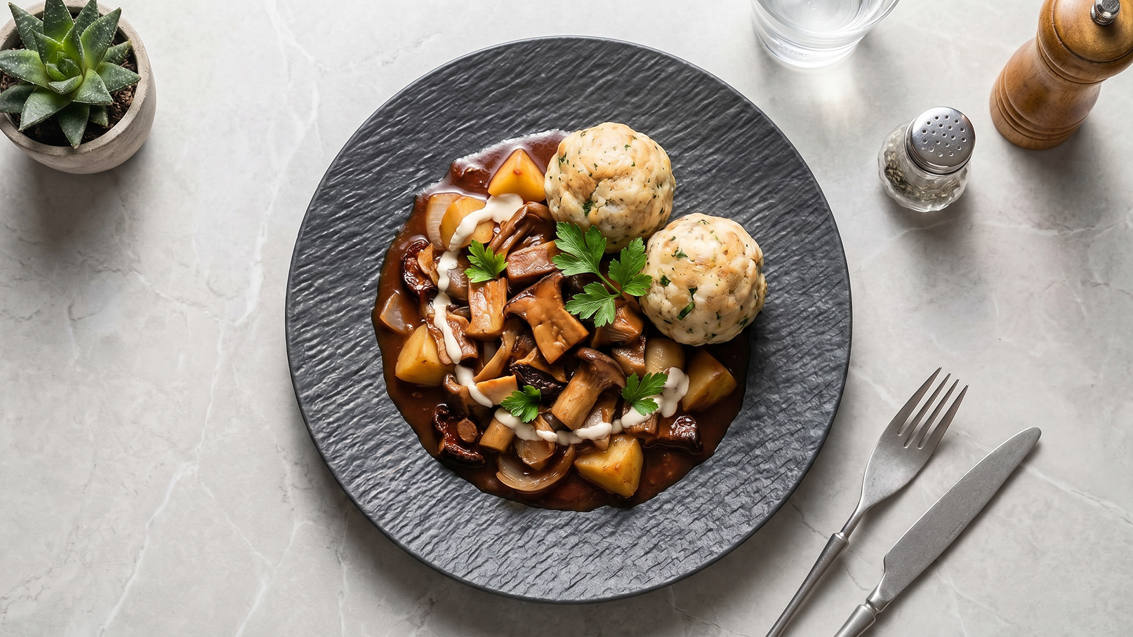 Ein schwarzer Teller mit einer herzhaften Pfannengericht, das aus Fleischstücken, Kartoffelwürfeln und Pilzen besteht. Daneben zwei knusprige Semmelknödel, garniert mit frischer Petersilie. Die Szene vermittelt ein einladendes, rustikales Ambiente.