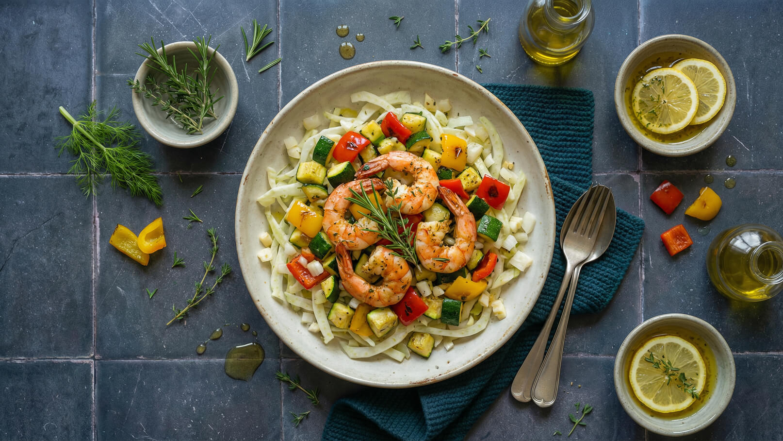 Ein Teller mit gebratenen Garnelen auf einem Bett aus gehacktem Gemüse, darunter Zucchini, Paprika und Kohl. Frische Kräuter sind dekorativ um das Gericht angeordnet. Daneben stehen Schalen mit Olivenöl und Zitronenscheiben.