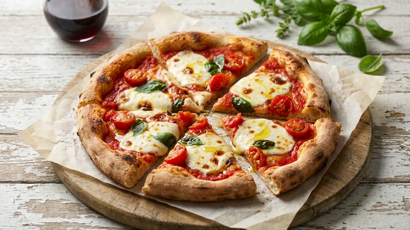 Eine frisch gebackene Pizza mit Tomatensoße, Mozzarella, Kirschtomaten und frischem Basilikum, auf einem Holzbrett serviert. Im Hintergrund steht ein Glas Rotwein.