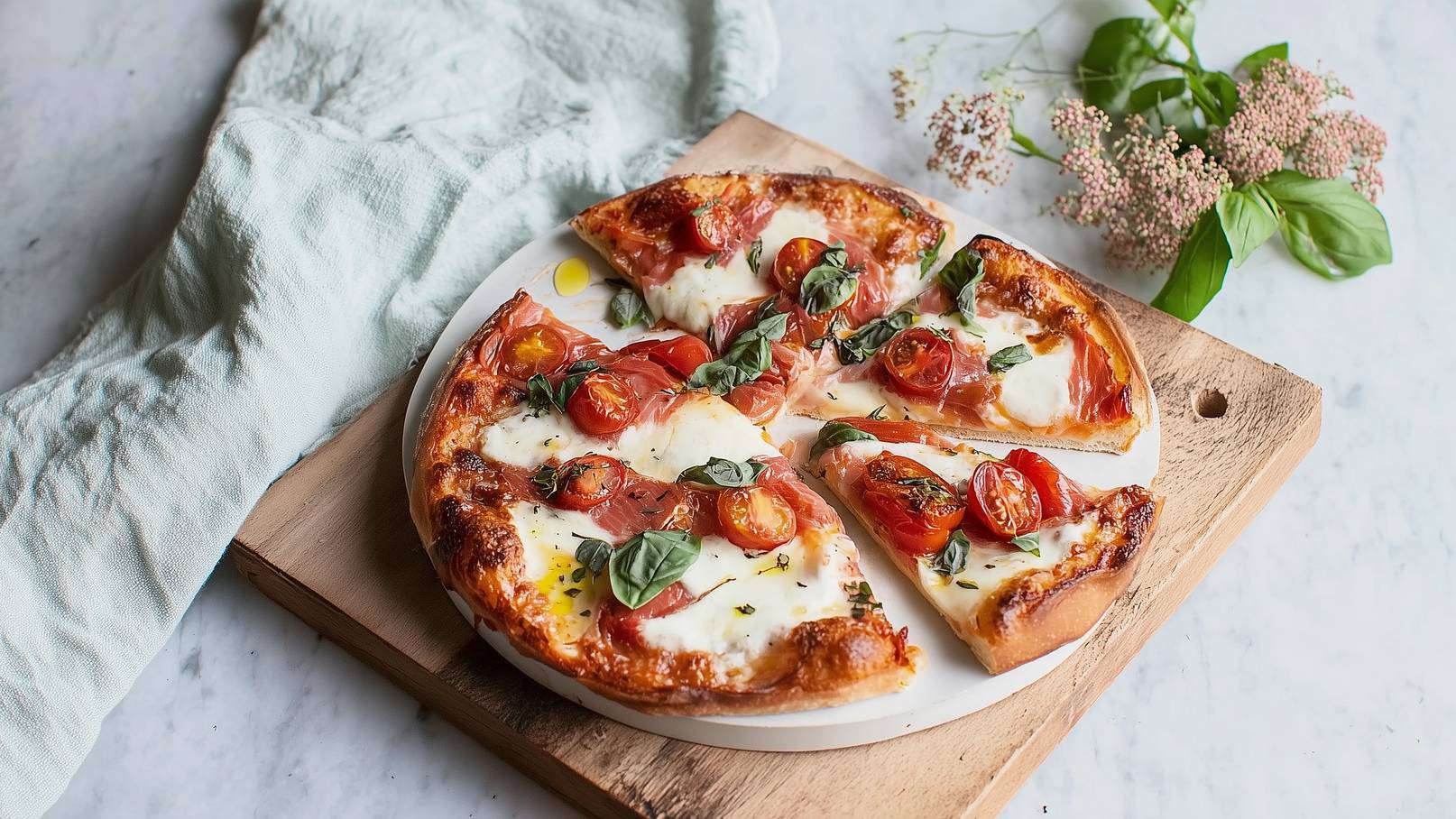 Eine frisch gebackene Pizza auf einem weißen Teller zeigt sechs Stücke mit geschmolzenem Käse, Cherrytomaten und frischen Basilikumblättern. Die knusprige Kruste ist goldbraun. Die Pizza liegt auf einem Holzbrett, und im Hintergrund sind zarte, grüne Kräuter sichtbar.