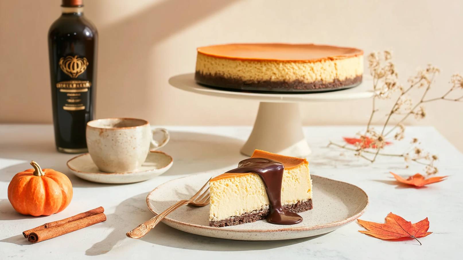 Ein Stück Käsekuchen mit Schokoladensauce auf einem Teller, daneben eine Tasse auf einer Untertasse. Im Hintergrund steht ein ganzer Käsekuchen auf einem Fuß. Eine kleine Kürbis-Dekoration und Zimtstangen sind auf der Tischoberfläche platziert.