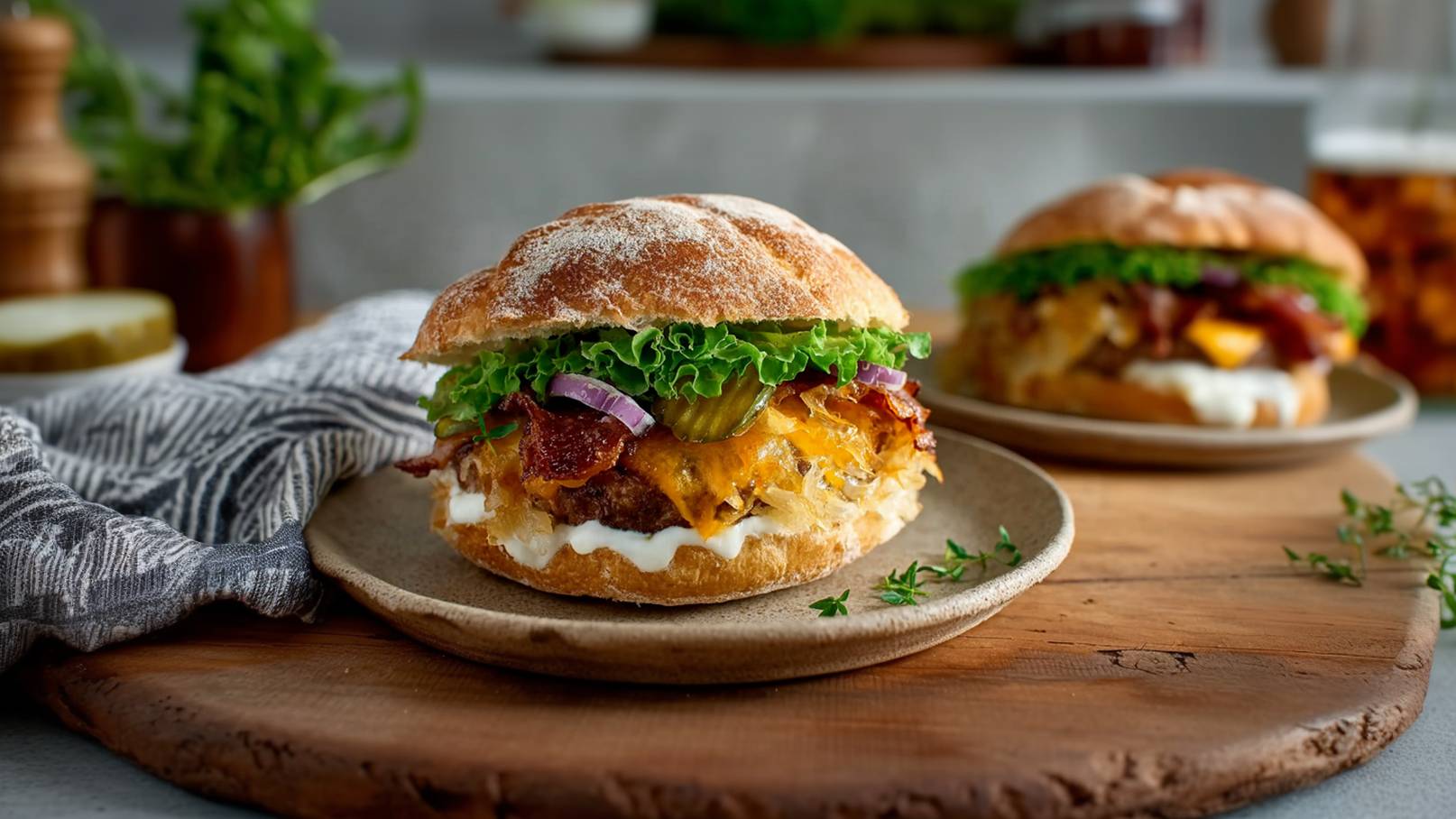 Ein frisch zubereiteter Burger auf einem Teller, belegt mit frischem Salat, Käse, Bacon, Gurken und roten Zwiebeln. Der Burger befindet sich auf einem rustikalen Holzteller, im Hintergrund steht ein weiterer Burger und Kräuter sind dekorativ platziert.
