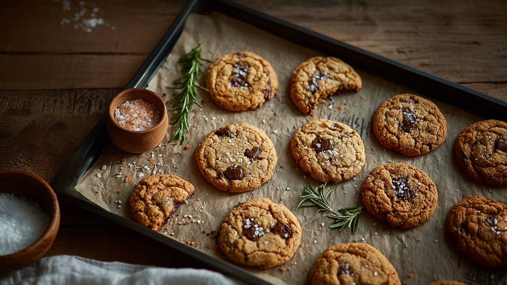 Eine Platin mit frisch gebackenen Keksen, die mit Schokoladenstückchen und grobem Salz bestreut sind. Einige Kekse sind leicht gebrochen oder haben Bissen. Neben den Keksen liegen kleine Schalen mit Salz und Rosmarin, was dem Bild eine rustikale Note verleiht.