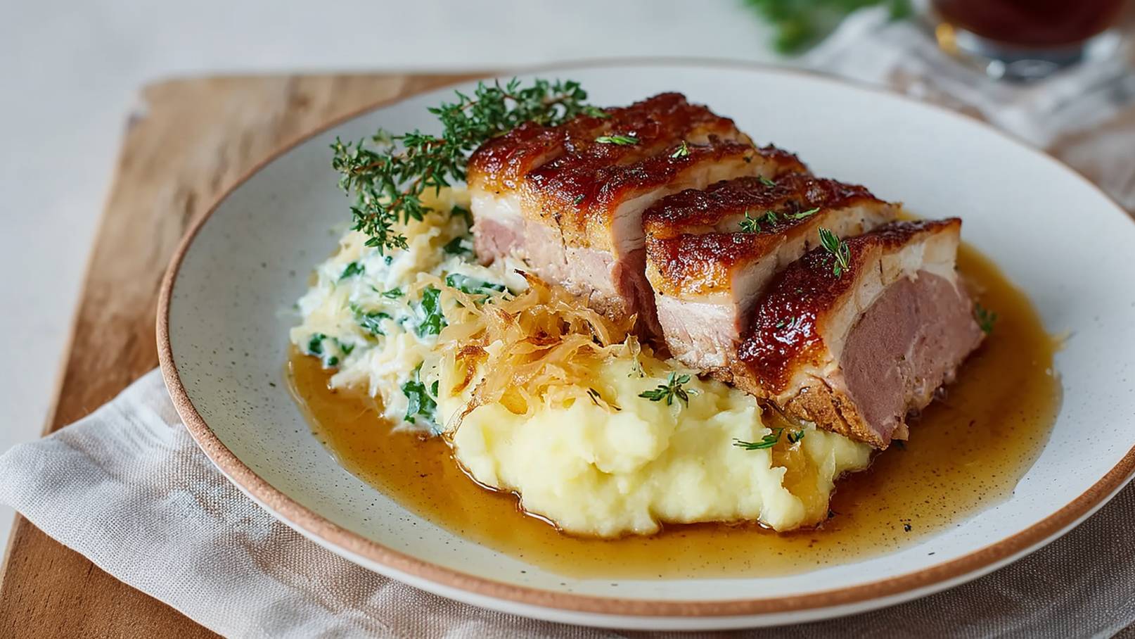 Auf dem Teller liegt ein Stück gebratene Ente mit knuspriger Haut, begleitet von cremigem Kartoffelpüree und Gemüse. Das Gericht ist mit frischen Kräutern garniert und präsentiert in einer hellen Schüssel auf einem Holzbrett.