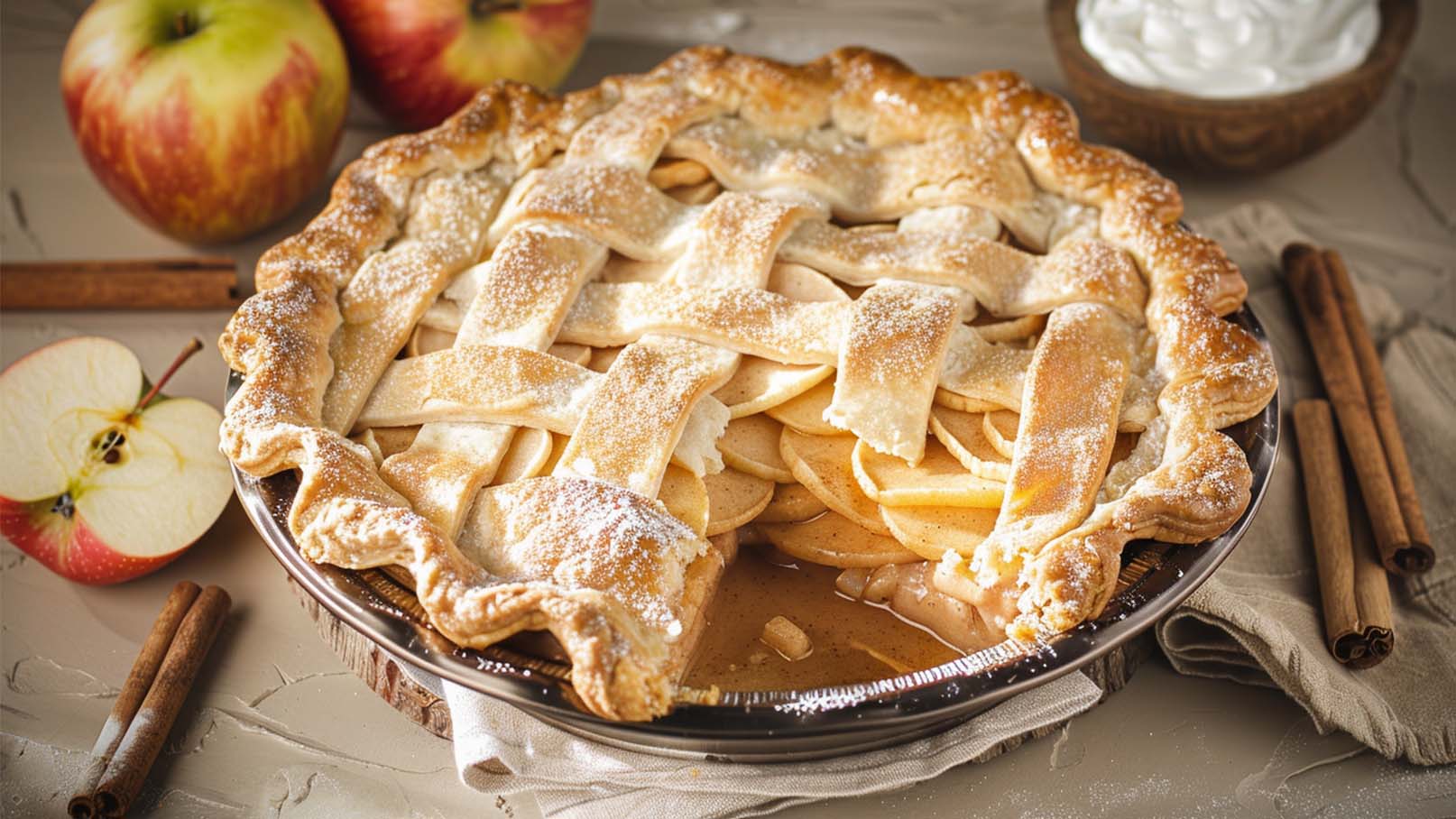 Ein frisch gebackener Apfelkuchen mit einem gestreiften Teigdeckel liegt auf einem Tisch. Neben dem Kuchen befinden sich ganze Äpfel und Zimtstangen. Der Kuchen ist mit Puderzucker bestäubt und sieht köstlich aus.