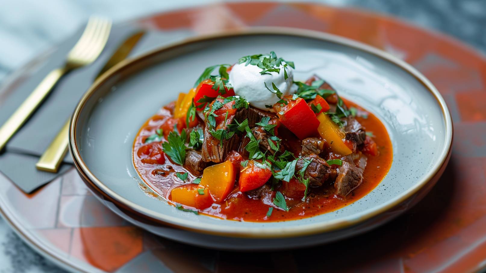 Ein Teller mit einem bunten Fleischgericht, das in einer roten Sauce serviert wird. Die Speise enthält Stücke von rotem und gelbem Paprika, sowie frische Kräuter und einen Klecks Sahne. Der Teller ist auf einem dekorativen, runden Untersetzer angerichtet.