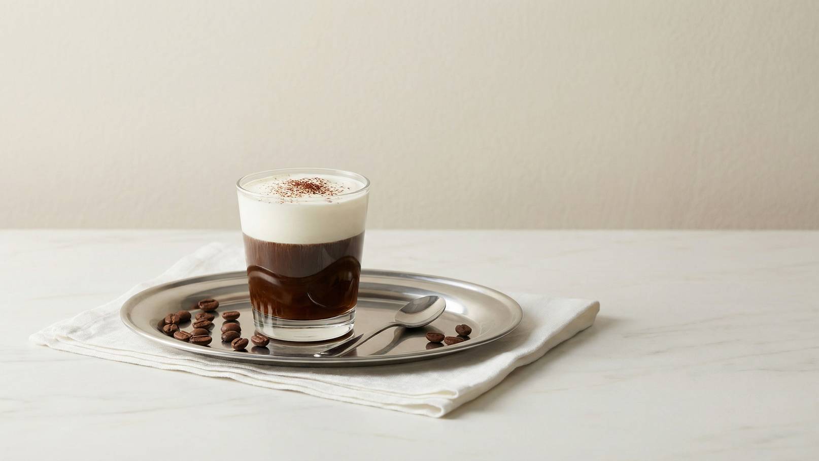 Ein Glas mit Schichten aus dunklem Kaffee und cremigem Milchschaum steht auf einem silbernen Tablett. Neben dem Glas liegen Kaffeebohnen und ein kleiner Löffel auf einer weißen Serviette. Der Hintergrund ist schlicht und neutral.