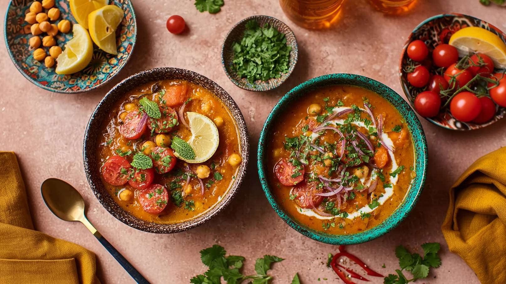 Zwei Schalen mit buntem Eintopf, gefüllt mit Kichererbsen, Tomaten und frischen Kräutern. Eine Schale hat eine Limettenscheibe und Minzblätter, die andere zeigt einen Hauch Sahne und rote Zwiebeln. Neben den Schalen sind Zitronenstücke, Kirschtomaten und frisches Koriandergrün platziert.