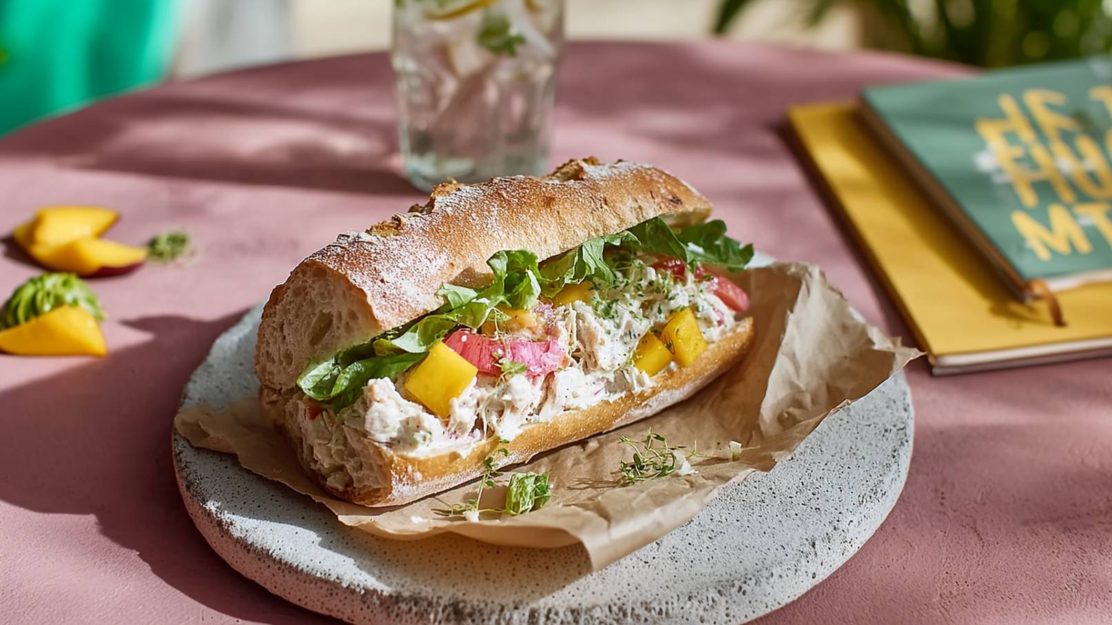 Ein belegtes Brötchen auf einem Teller, gefüllt mit Hühnerfleisch, frischem Gemüse wie Rucola, und zusätzlichen Zutaten wie Mango und eingelegtem Gemüse. Im Hintergrund ein Glas mit Wasser und Zitronenscheiben sowie ein Notizbuch.