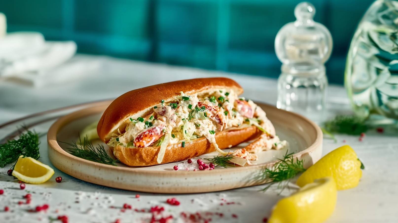 Ein gefülltes Brötchen liegt auf einem runden Teller. Es enthält eine Mischung aus Meeresfrüchten, frischem Salat und Kräutern. Neben dem Teller liegen einige Zitronenschnitze. Die Szene vermittelt ein ansprechendes, appetitliches Essen.