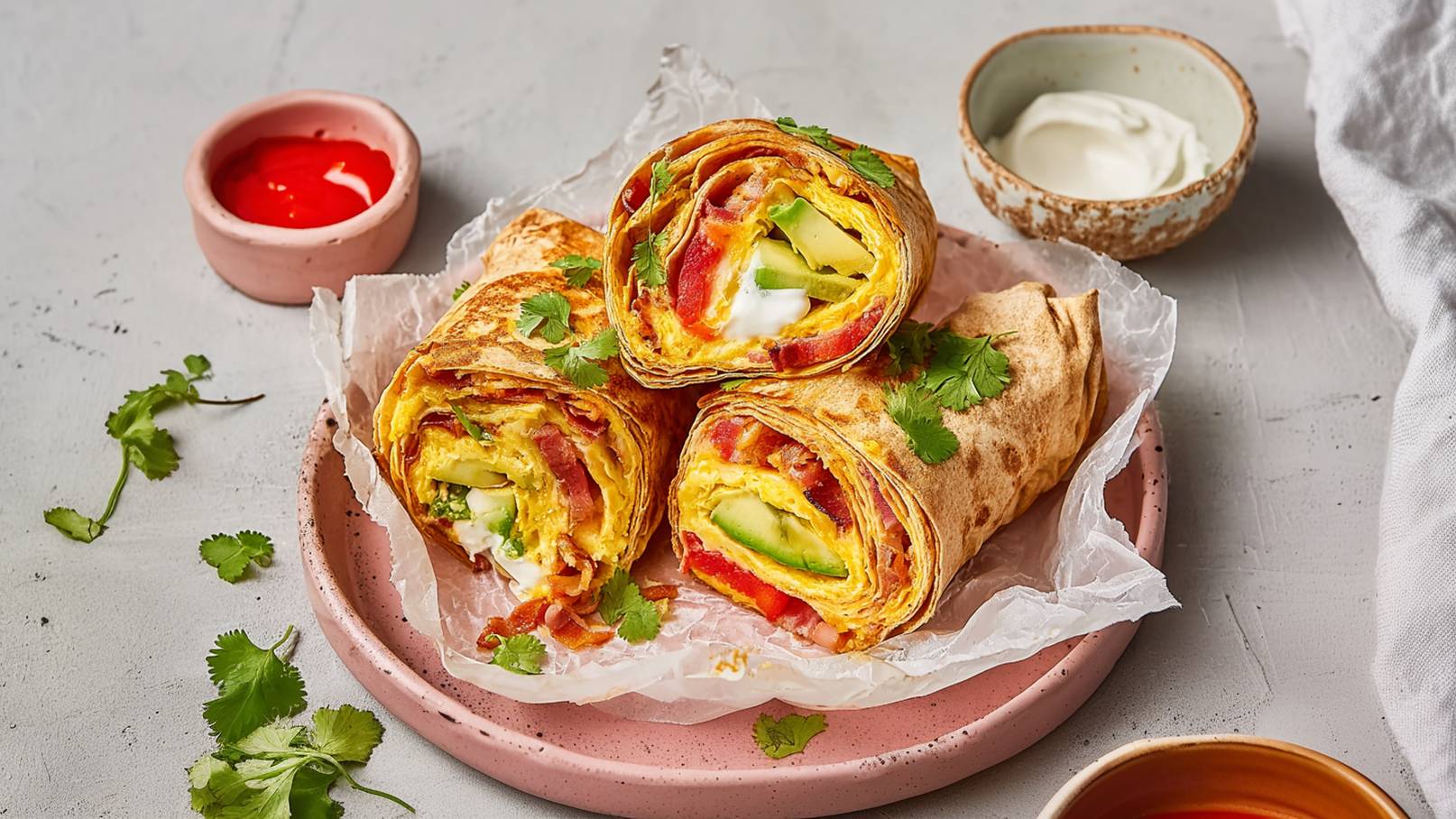 Ein rosa Teller enthält drei aufgerollte Tortillas, gefüllt mit Eiern, Speck, Gemüse und frischem Koriander. Neben dem Teller befindet sich eine kleine Schale mit saurer Sahne und eine weitere mit roter Sauce. Der Hintergrund ist einfach gehalten.