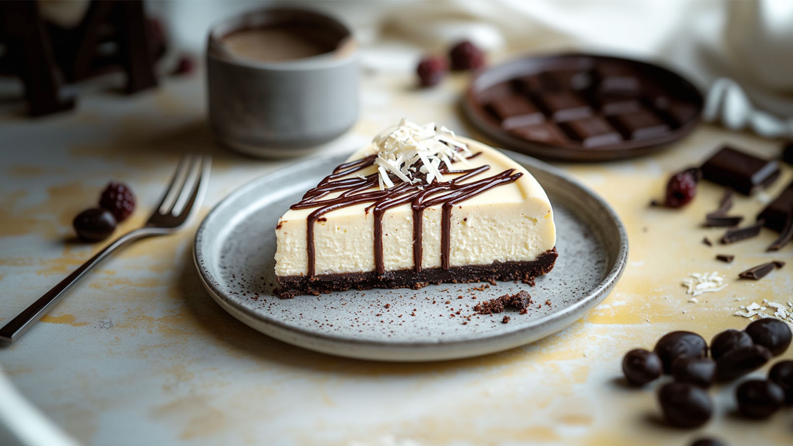 Auf einem Teller liegt ein Stück Käsekuchen mit Schokoladensauce und Kokosraspeln. Der Boden besteht aus Keksen. Im Hintergrund sind einige Kaffeebohnen und Stücke dunkler Schokolade zu sehen. Die Szene ist ansprechend angerichtet und lädt zum Verzehr ein.