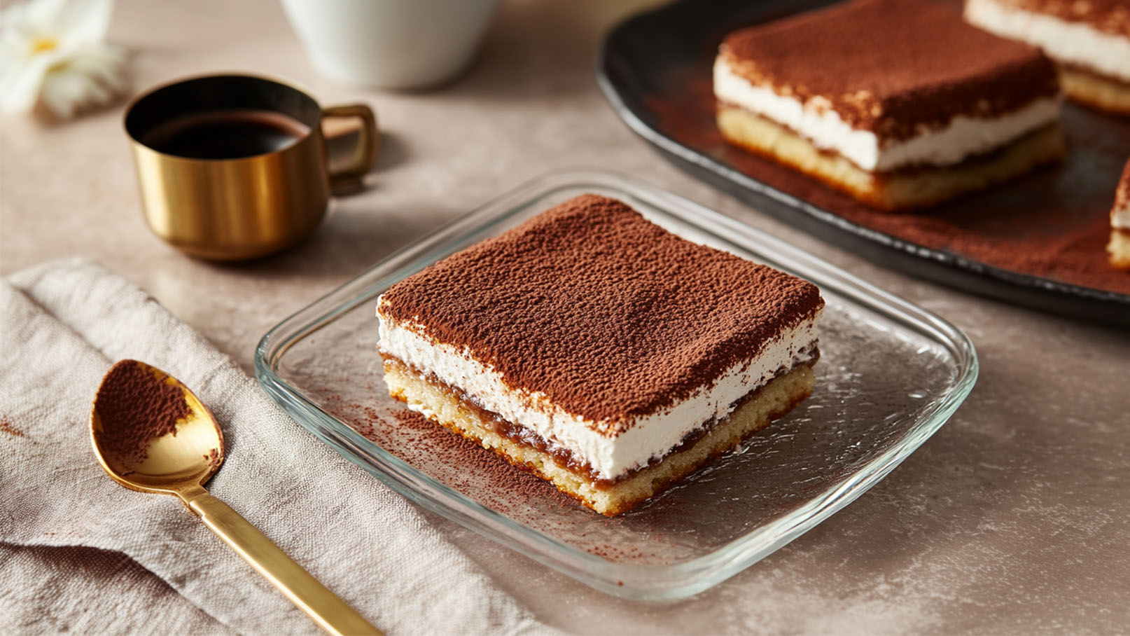 Ein Glas Dessert mit Schichten aus Biskuit, Kaffeecreme und Schlagsahne, bestäubt mit Kakaopulver. Neben dem Dessert liegt ein goldener Löffel auf einem Leinentuch. Im Hintergrund steht eine kleine Tasse mit schwarzem Kaffee.