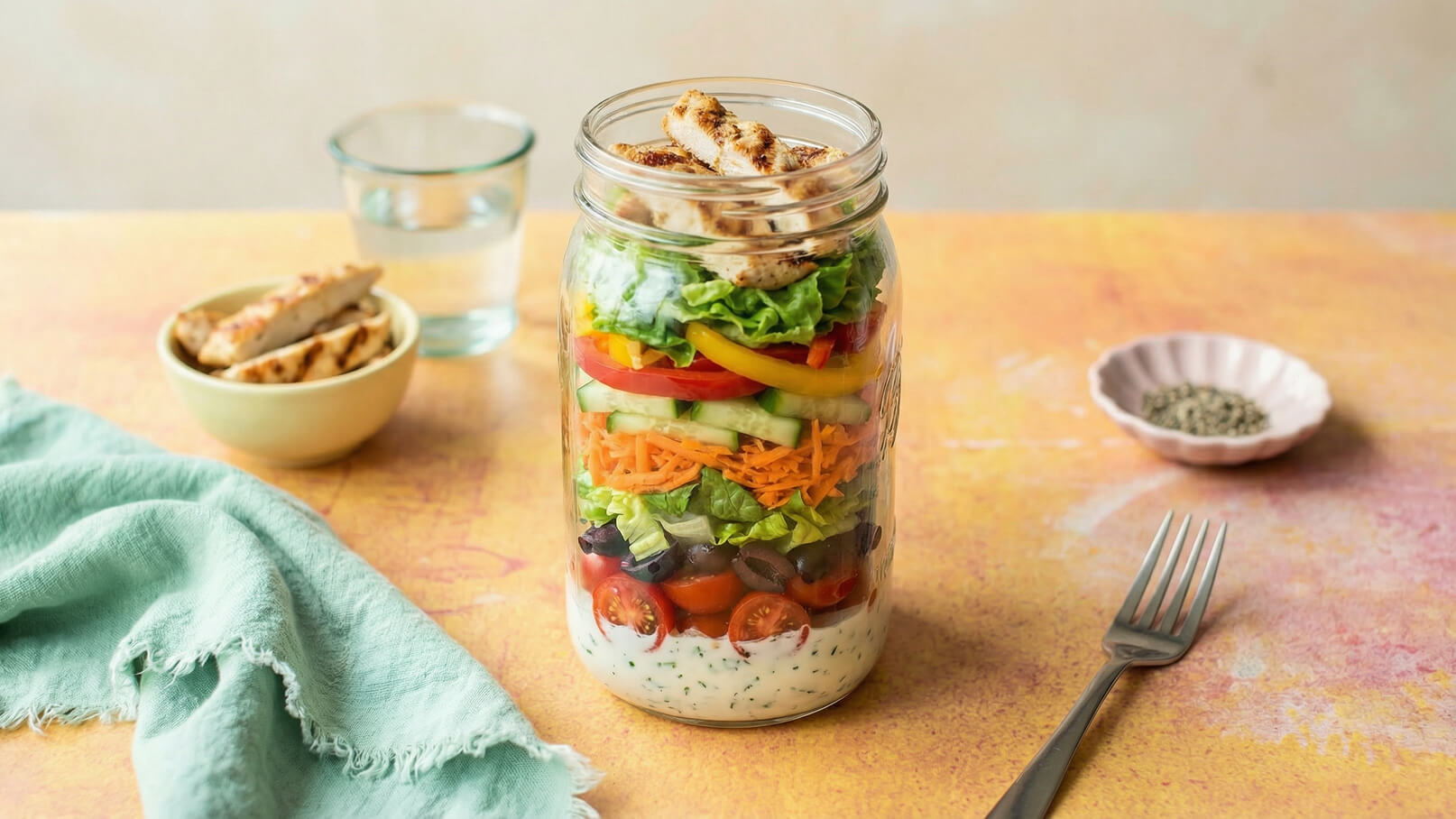 Ein Glas ist gefüllt mit geschichteten Zutaten für einen Salat: grüner Salat, Paprika, Tomaten, Gurken und Karotten. Obenauf liegt gegrilltes Hähnchen. Im Hintergrund befinden sich ein Glas Wasser, ein kleiner Teller mit Gewürzen und ein Besteck.