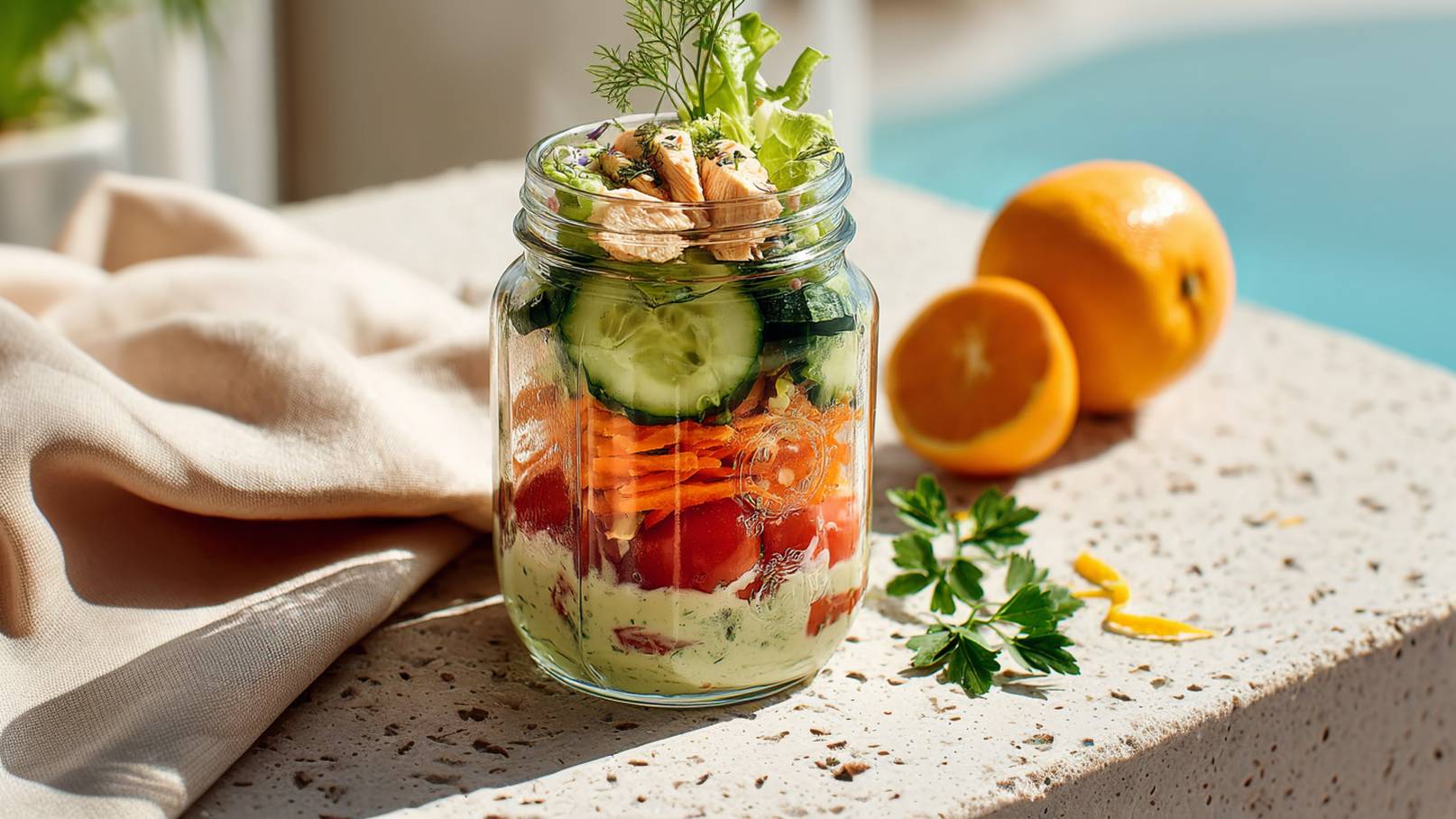 Ein Glas mit geschichteten frischen Zutaten: Salat, Gurken, Karotten und Tomaten, kombiniert mit einer cremigen Soße. Im Hintergrund liegen einige Orangen, die für einen zusätzlichen Farbtupfer sorgen. Die Szene vermittelt ein Gefühl von Frische und Gesundheit.