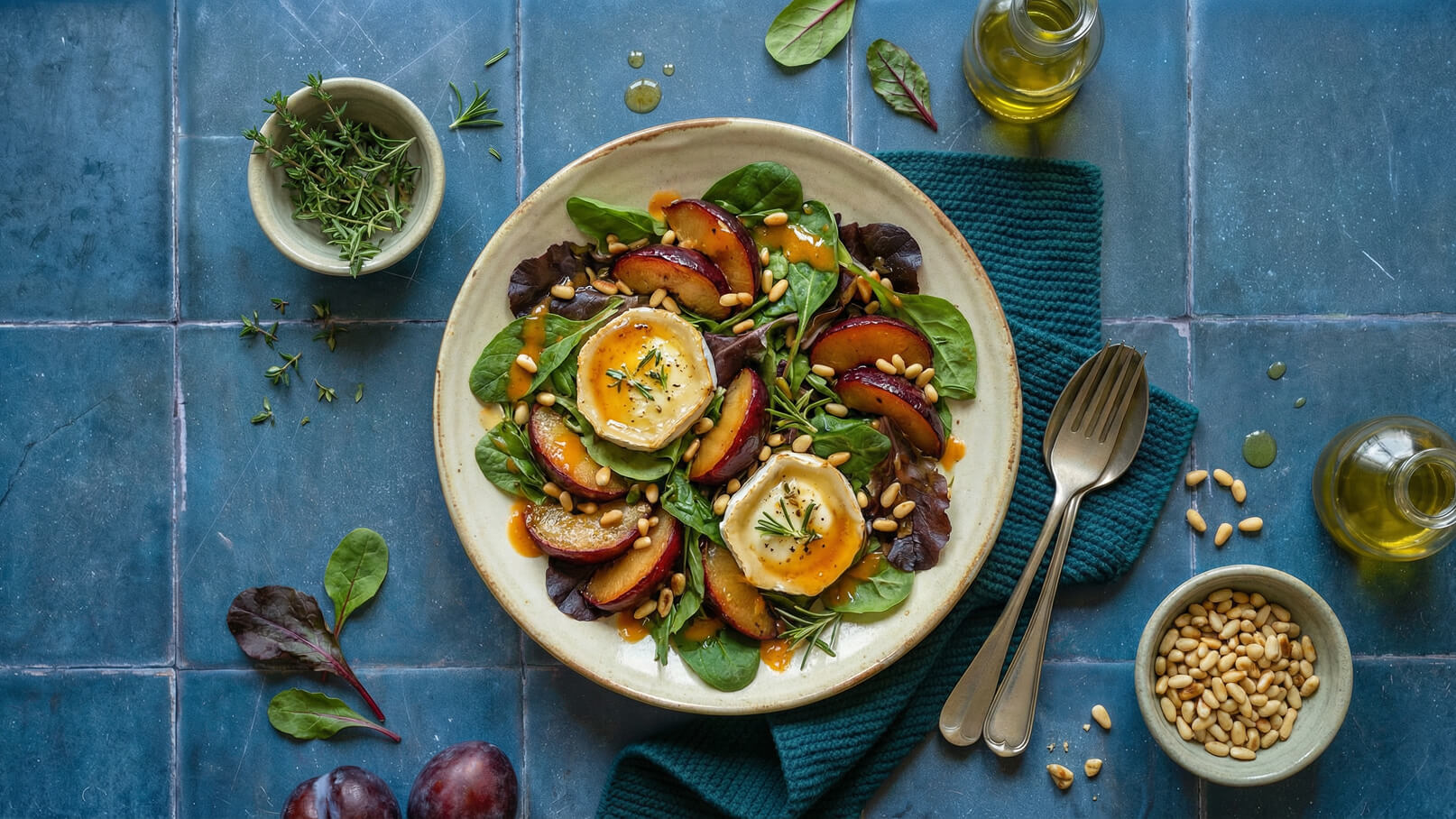 Ein farbenfroher Salat auf einem Teller, bestehend aus frischem Spinat, roten Pflaumen, gerösteten Pinienkernen und zwei Scheiben geschmolzenem Käse. Eine Vinaigrette ist darüber verteilt. Neben dem Teller liegen Besteck und eine kleine Schüssel mit zusätzlichen Pinienkernen.