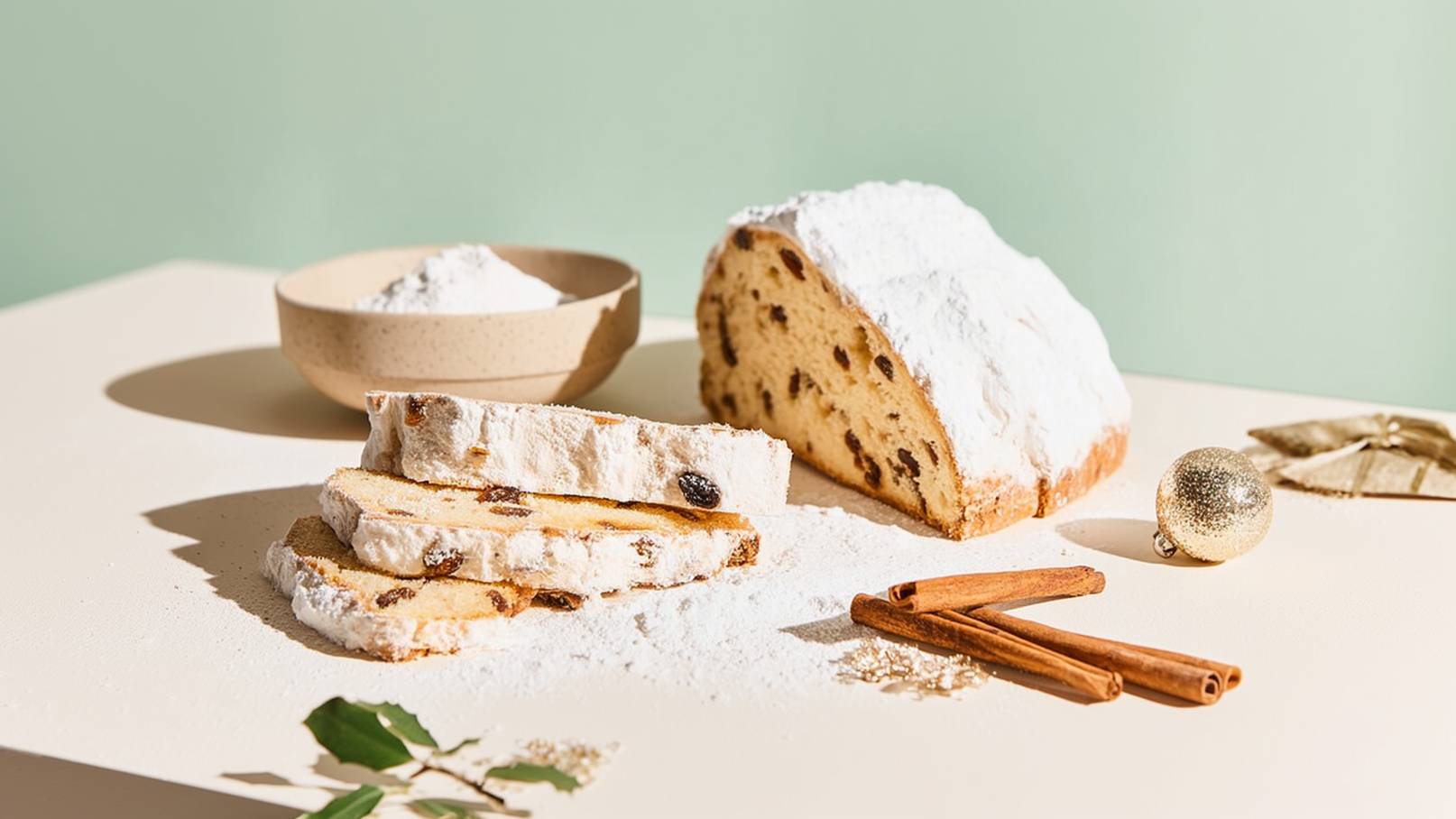 Ein Stück traditioneller Stollen liegt auf einem hellen Tisch. Darauf sind mehrere geschnittene Scheiben mit Puderzucker zu sehen. Im Hintergrund steht ein ungeschnittenes Stück Stollen. Außerdem liegen Zimtstangen und ein dekorativer, goldener Weihnachtsbaumanhänger daneben.