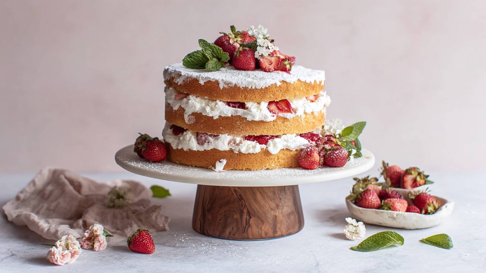 Eine auffällige dreistöckige Torte mit frischen Erdbeeren und Sahne. Die Torte ist mit Puderzucker bestäubt und auf einem eleganten Teller präsentiert. Um die Torte herum liegen weitere Erdbeeren und grüne Minzblätter, die das Gesamtbild lebendig und ansprechend wirken lassen.