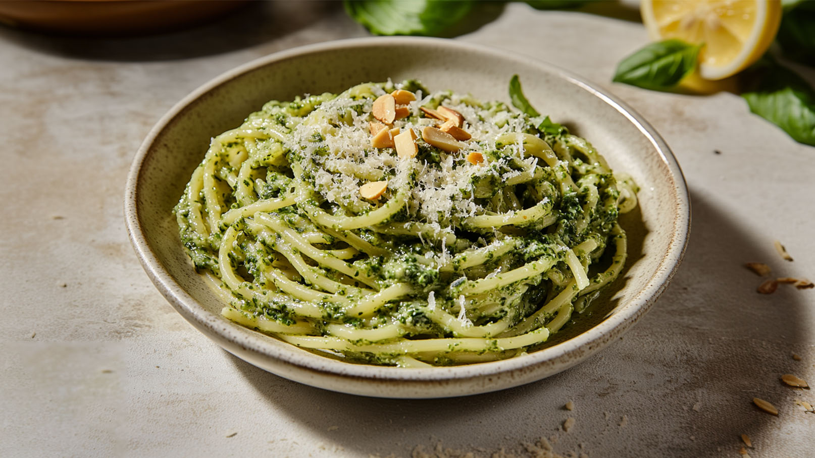Ein Teller Spaghetti mit grünem Pesto, garniert mit Parmesan und gehackten Nüssen. Die Pasta ist gut mit dem Pesto vermischt, das eine frische, grüne Farbe hat. Im Hintergrund sind einige Kräuter und eine halbe Zitrone sichtbar.