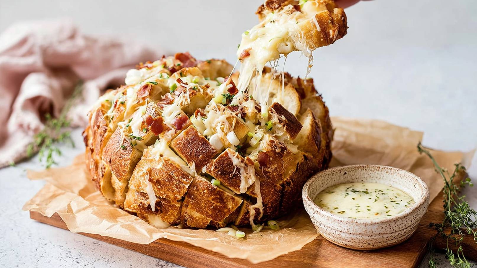 Ein frisch gebackenes, rundes Brot, das in Stücke geschnitten ist und warmen, zerlaufenen Käse sowie Schinken und Frühlingszwiebeln enthält. Eine Hand hebt ein Stück vom Brot, wobei Käse zieht. Neben dem Brot steht eine kleine Schüssel mit einer cremigen Soße.