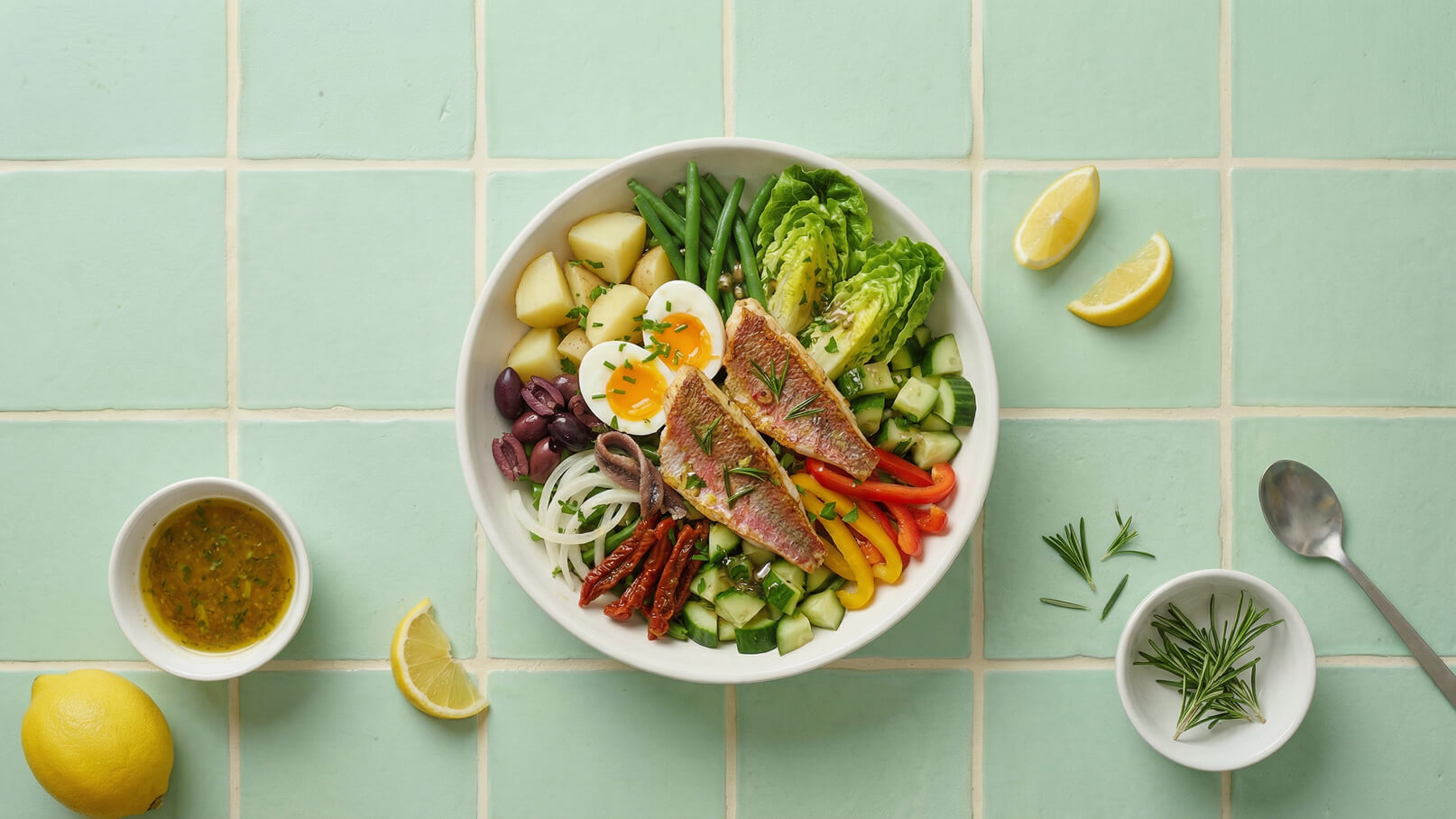 Eine Schüssel mit buntem Salat, gefüllt mit gekochten Eiern, frischem Gemüse wie Gurken, Paprika und grünen Bohnen sowie zart gebratenem Fisch. Neben der Schüssel befinden sich ein kleiner Teller mit Dressing und frischen Zitronenstücken auf einem mintgrünen Fliesenuntergrund.