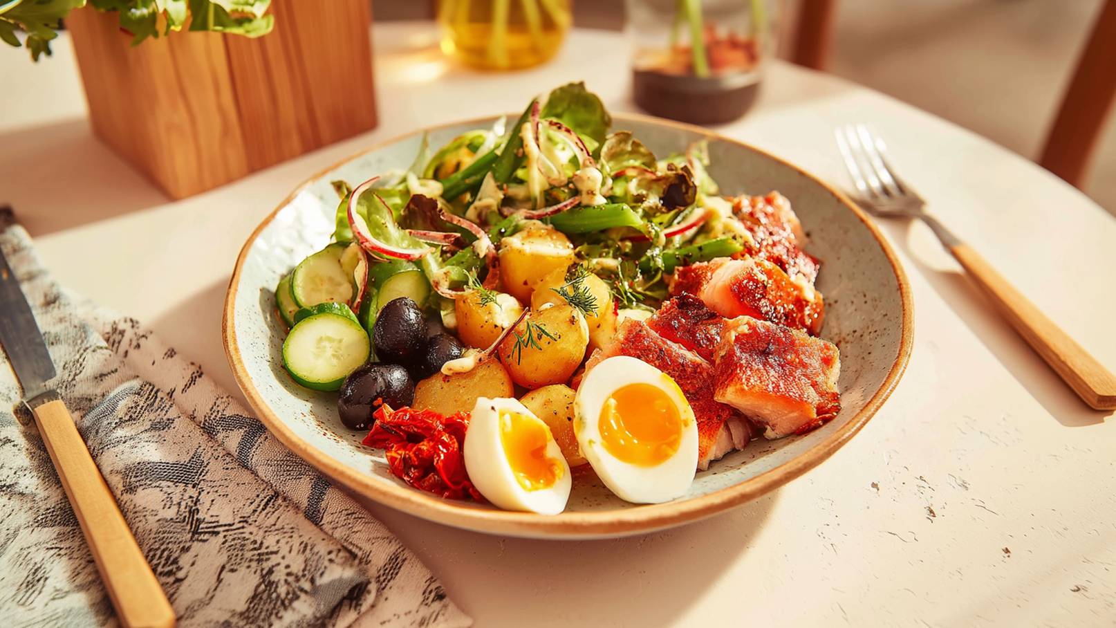 Ein Teller mit gegarten Kartoffeln, grünem Salat, Gurken, Oliven und getrockneten Tomaten. Dazu liegen zwei weichgekochte Eier und Stücke von gegrilltem Fleisch. Der Teller ist auf einem hellen Tisch platziert.