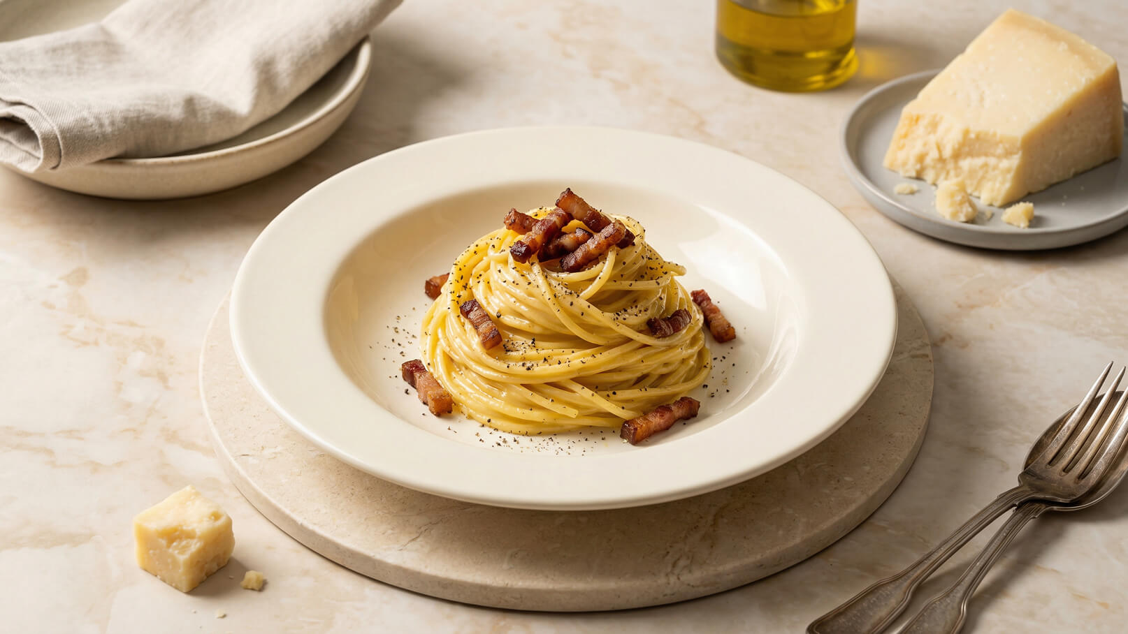 Ein Teller Spaghetti Carbonara mit goldgelben Nudeln, knusprigen Speckstücken und schwarzem Pfeffer. Daneben befindet sich ein Stück Parmesan und eine Flasche Olivenöl. Der Teller steht auf einem runden Untersetzer aus Stein.