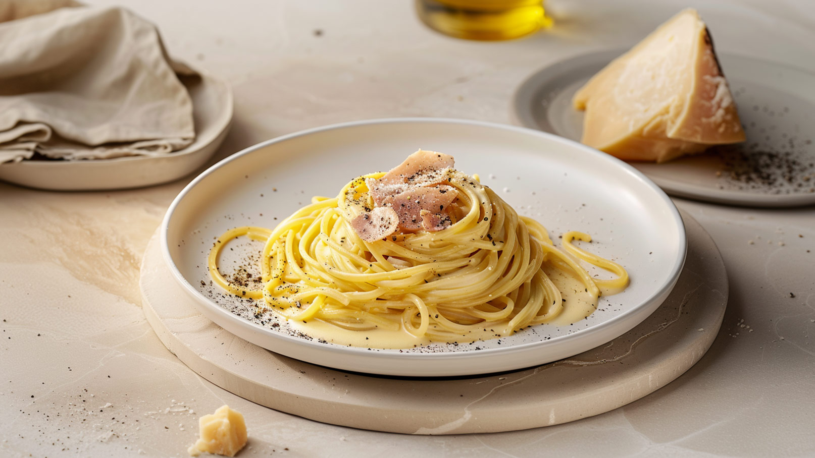 Klassisch italienische Spaghetti Carbonara zusammengerollt auf einem weißen Teller, der auf einem Steintisch liegt. 
