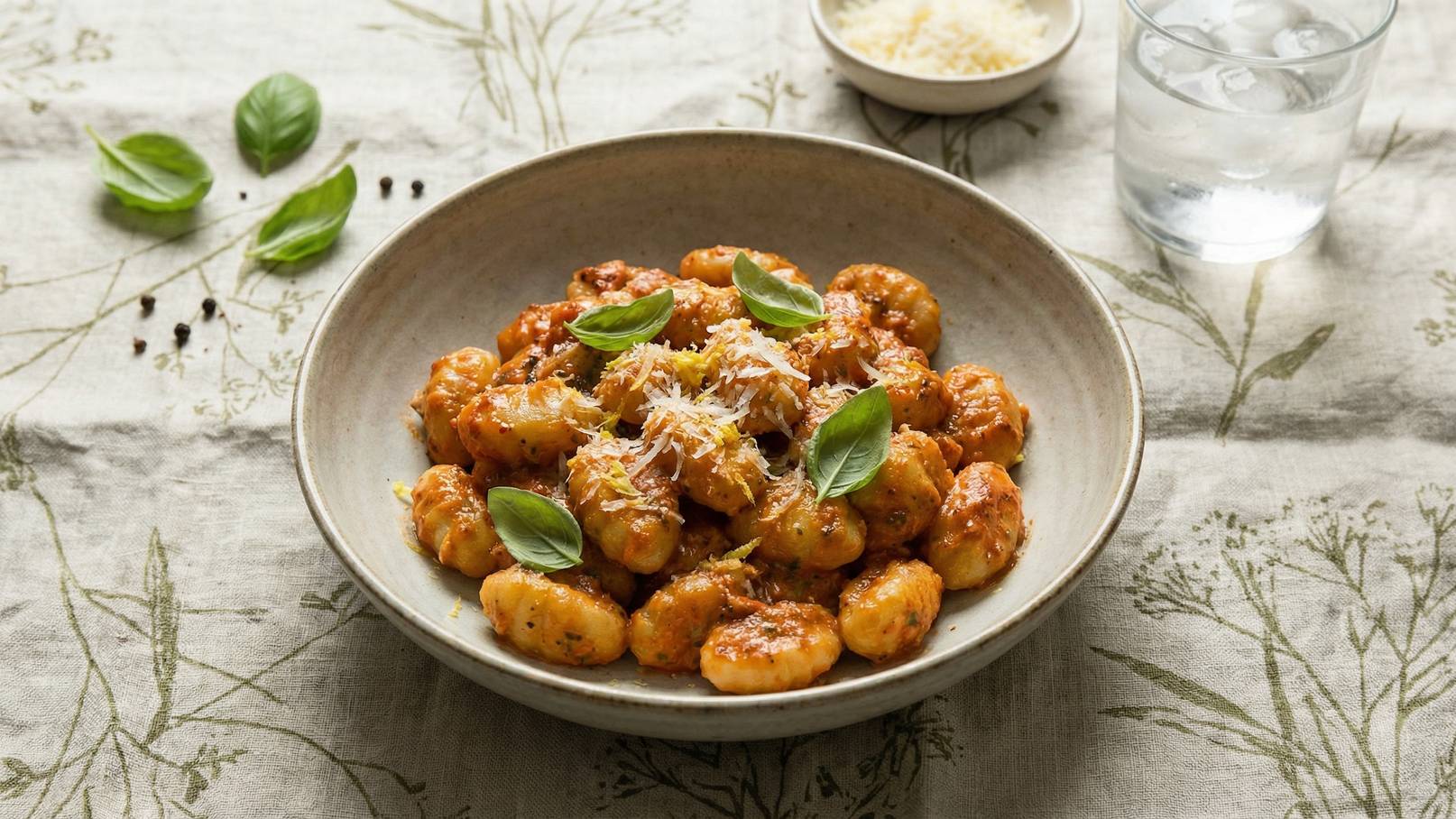 Ein Teller mit Gnocchi in einer roten Sauce, garniert mit frischem Basilikum und geriebenem Parmesan. Der Teller steht auf einem mit Pflanzenmotiven bedruckten Tuch. Im Hintergrund ist ein Glas Wasser und eine kleine Schüssel mit Käse zu sehen.