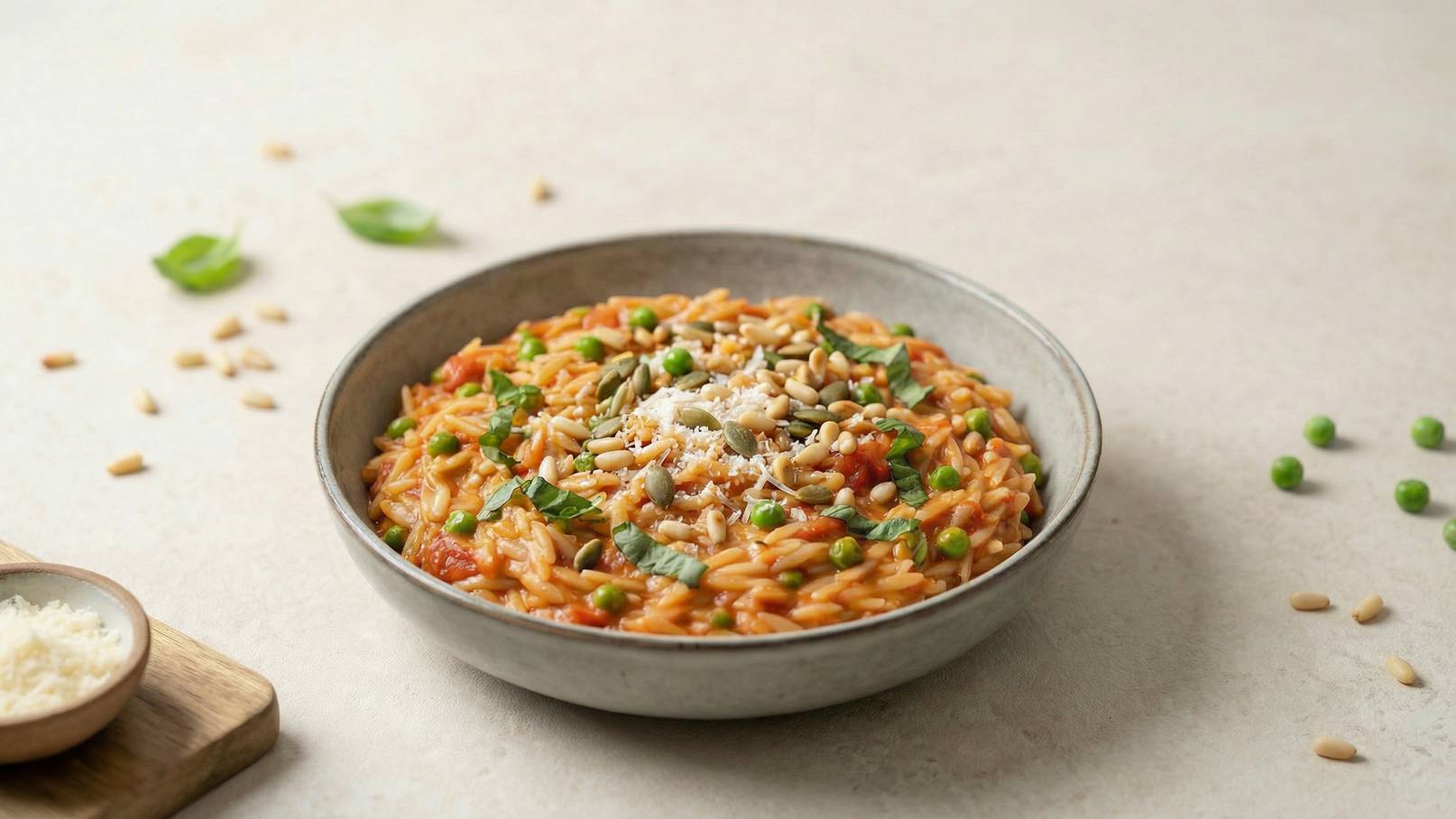 Eine Schüssel mit Orzo-Pasta in einer tomatigen Sauce, garniert mit frischem Basilikum und grünen Erbsen. Darüber liegen Pinienkerne und ein Hauch von geriebenem Käse. Neben der Schüssel ist ein kleines Schälchen mit geriebenem Käse zu sehen.