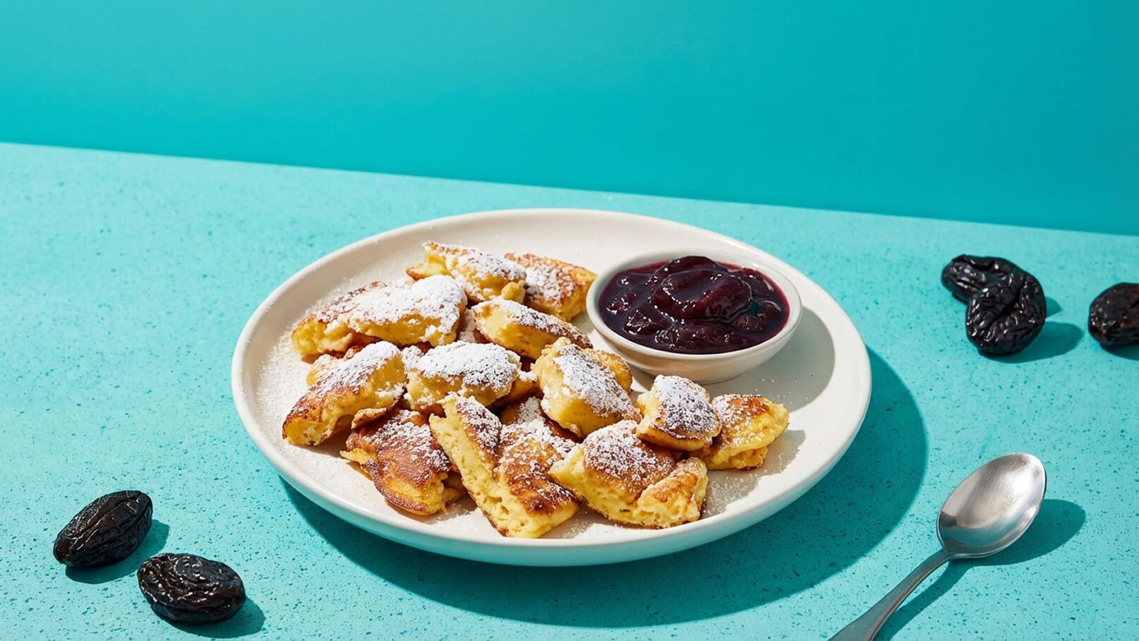 Ein Teller mit kleinen, goldbraun gebackenen Pfannkuchenstücken, bestreut mit Puderzucker. Dazu ein Schälchen mit dunkler Marmelade. Der Hintergrund ist in hellblau gehalten, was die Speisen hervorhebt.