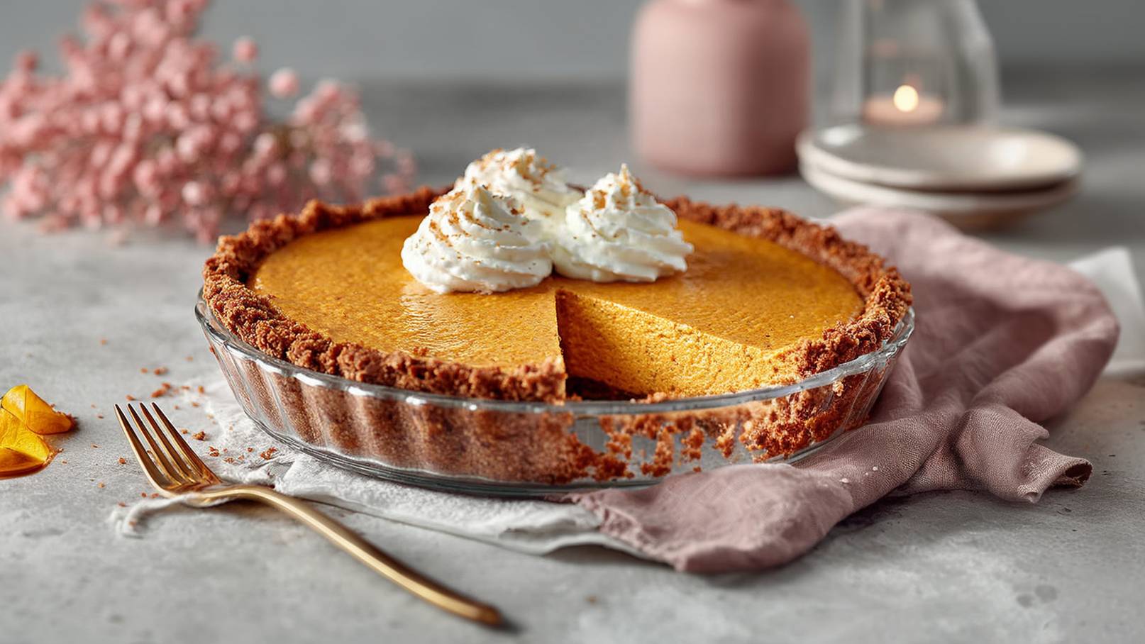 Eine runde, glasierte Torte mit einer goldenen Füllung, umgeben von einem krümeligen Boden, ist teilweise angeschnitten. Auf der Füllung befinden sich drei kunstvoll dekorierte Sahnehäubchen. Neben der Torte liegt eine goldene Gabel.