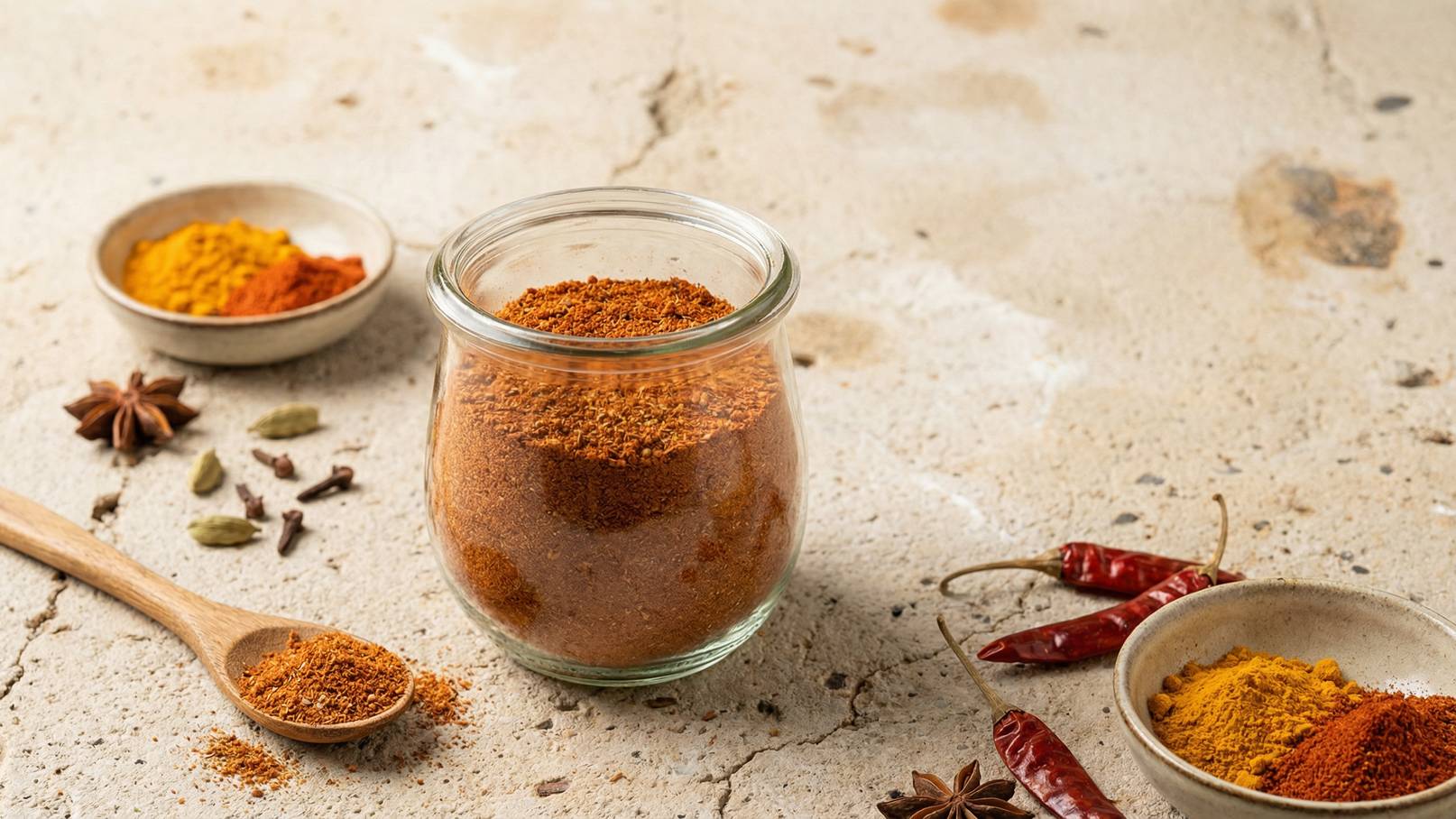 Ein Glas mit gemahlenen Gewürzen steht auf einer neutralen Oberfläche. Neben dem Glas liegen verschiedene Gewürze in kleinen Schalen und ein Holzlöffel mit Gewürz. Die Farbpalette reicht von Orange über Rot bis Gelb, was auf eine Vielfalt von Aromen hinweist.