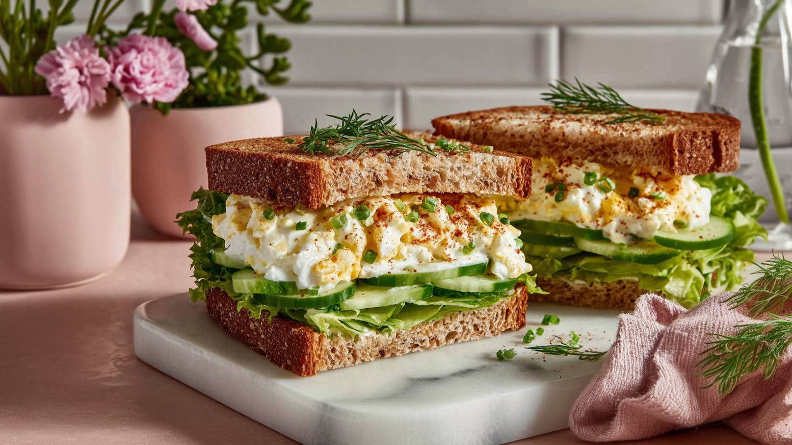 Ein Sandwich aus Vollkornbrot, gefüllt mit frischem Salat, gekochten Eiern und Gurkenscheiben. Die Füllung ist mit gehackten Schnittlauch und Paprikapulver bestreut. Das Sandwich liegt auf einem Schneidebrett, umgeben von Dekorationselementen wie Blumen und einem Küchenhandtuch.