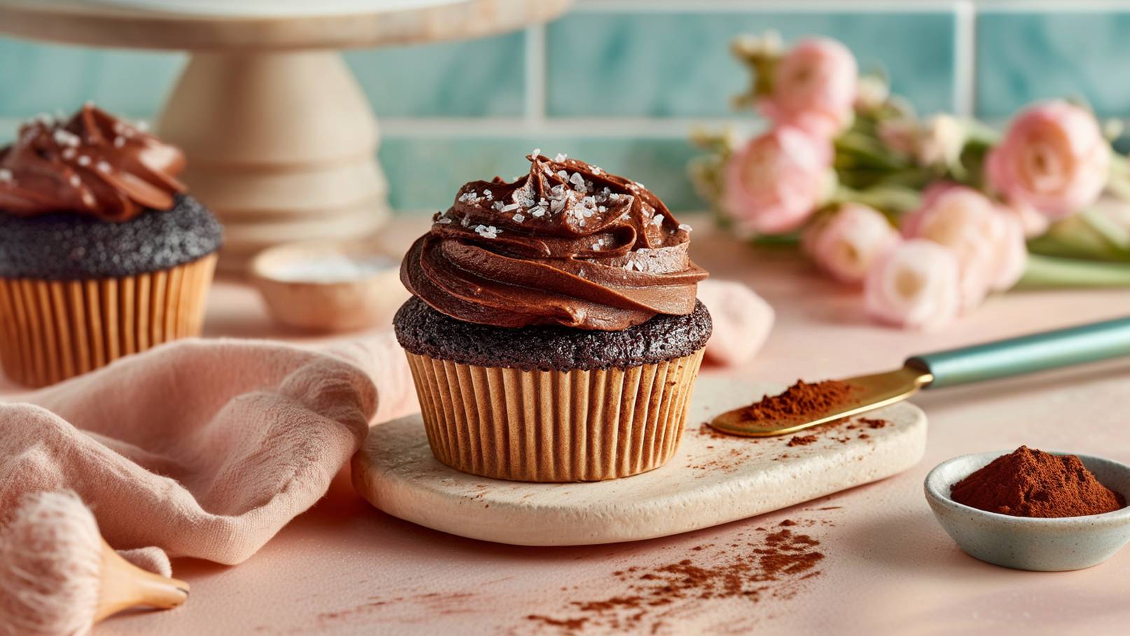 Zwei Schokoladen-Cupcakes stehen auf einem Holzbrett. Der vordere Cupcake ist mit einem üppigen Schokoladenguss und Meersalz dekoriert. Im Hintergrund sind Rosa-Blumen und eine kleine Schale mit Kakaopulver zu sehen. Der Gesamtton ist frisch und einladend.