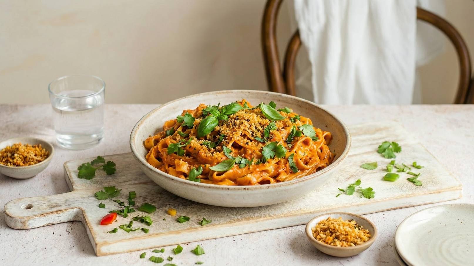 Eine Schale mit Pasta in einer cremigen Sauce, garniert mit frischem Basilikum und Koriander. Neben der Schale befinden sich eine Portion geröstete Brösel und einige grüne Kräuter auf einem Holzbrett. Im Hintergrund steht ein Glas Wasser.