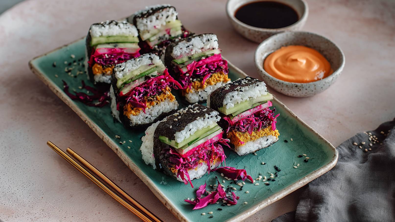Ein hübsch angerichteter Teller mit Sushi-Quadraten, die aus Reis, nori, Gurken, rotem Kohl und anderen Zutaten bestehen. Daneben befinden sich zwei kleine Schalen mit Soja-Sauce und einer orangen Sauce. Chopsticks liegen auf dem Teller.