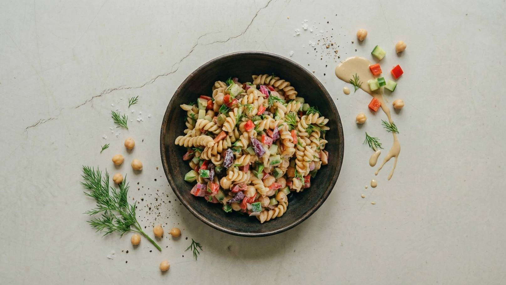 Eine Schüssel mit fusilli Pasta, gemischt mit buntem Gemüse und Kichererbsen. Frische Kräuter und eine cremige Sauce sind um die Schüssel verteilt. Das Gericht wirkt appetitlich und farbenfroh, ideal für eine gesunde Mahlzeit.