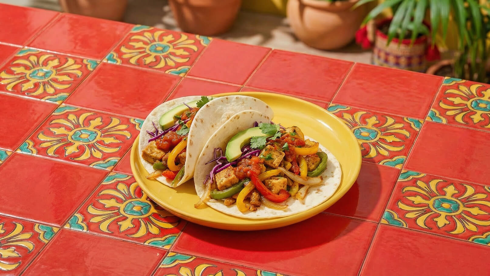 Zwei gefüllte Tortillas auf einem gelben Teller, belegt mit gegrilltem Gemüse, Avocado, Kräutern und Salsa. Der Hintergrund zeigt einen bunten Fliesenboden in Rot und Gelb.