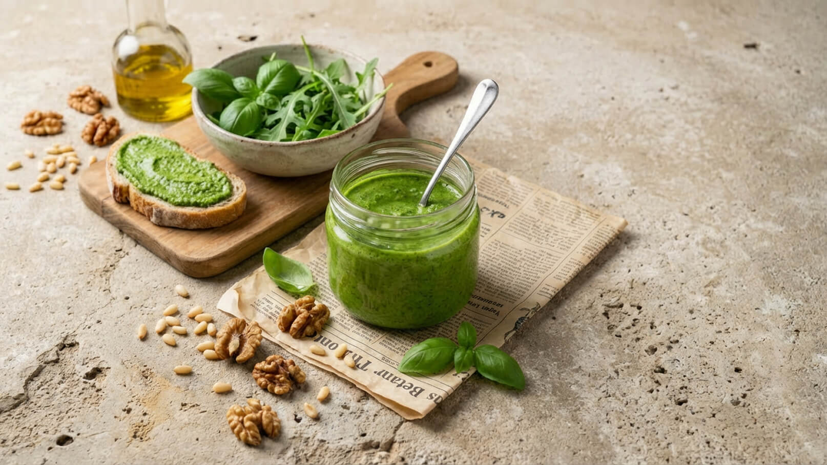Ein Glas mit grünem Pesto steht auf einem Tisch, daneben ein Stück Brot mit Pesto. Im Hintergrund gibt es eine Schüssel mit frischem Basilikum und Rucola sowie einige Nüsse und Pinienkerne. Ein Fläschchen Olivenöl befindet sich ebenfalls auf dem Tisch.