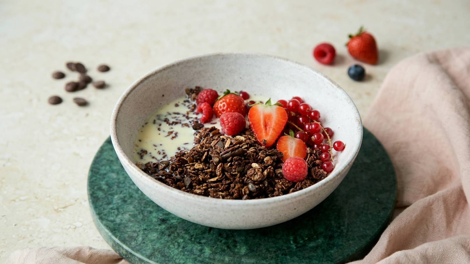 Eine Schale mit granolaähnlicher Mischung, umgeben von frischen Früchten wie Erdbeeren, Himbeeren und roten Johannisbeeren. Die Mischung hat eine cremige, milchige Basis. Die Schale steht auf einer grünen Unterlage, während ein helles Tuch im Hintergrund zu sehen ist.
