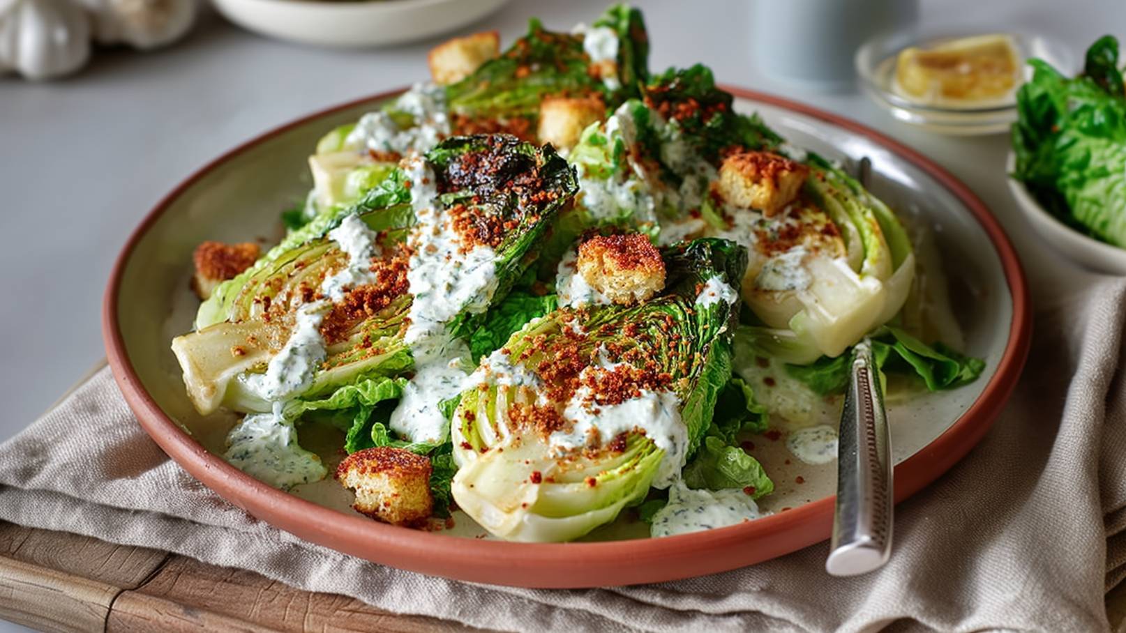 Ein Teller mit frisch zubereitetem Salat aus gegrilltem Romana-Salat, garniert mit einer cremigen Sauce und knusprigen Croutons. Der Salat liegt auf einem Bett von frischem Grün und wird von einer rustikalen Serviette umgeben.