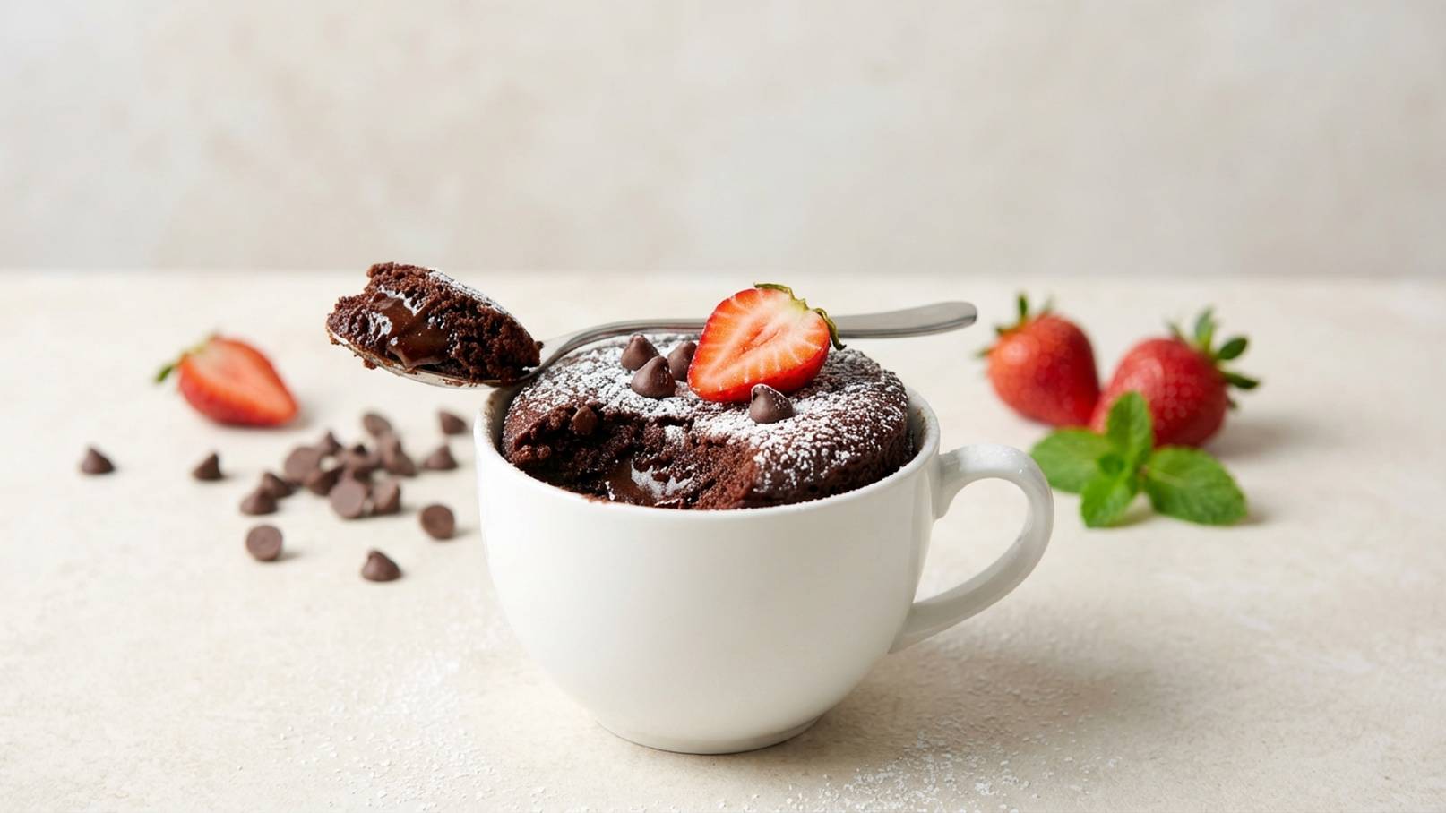 Eine weiße Tasse enthält einen luftigen Schokoladenkuchen, der mit Puderzucker bestäubt ist. Auf dem Kuchen liegt eine frische Erdbeere und einige Schokoladendrops sind sichtbar. Im Hintergrund sind weitere Erdbeeren und Minzblätter zu sehen.