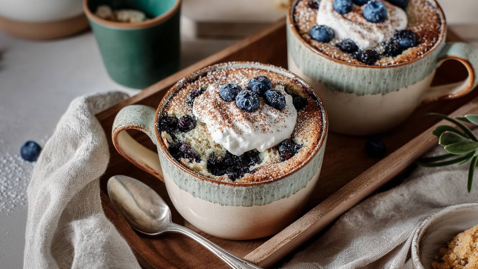 Ein großer Becher mit einem köstlichen Dessert ist mit frischen Heidelbeeren und Schlagsahne dekoriert. Der Becher steht auf einem Holztablett, umgeben von einer Serviette und einem Silberlöffel. Ein angenehmes und ansprechendes Essensarrangement.