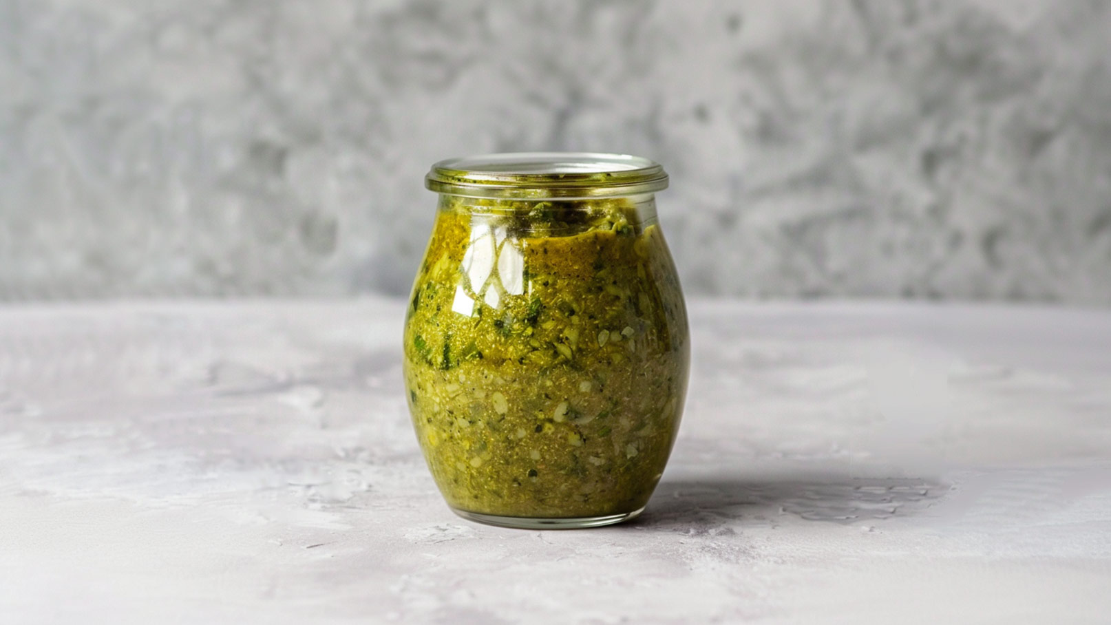Ein Glas mit grünem Pesto steht auf einem hellen, strukturierten Untergrund. Das Pesto hat eine grobe Textur und zeigt grüne Kräuter und Gewürze. Der Deckel des Glases ist geschlossen.