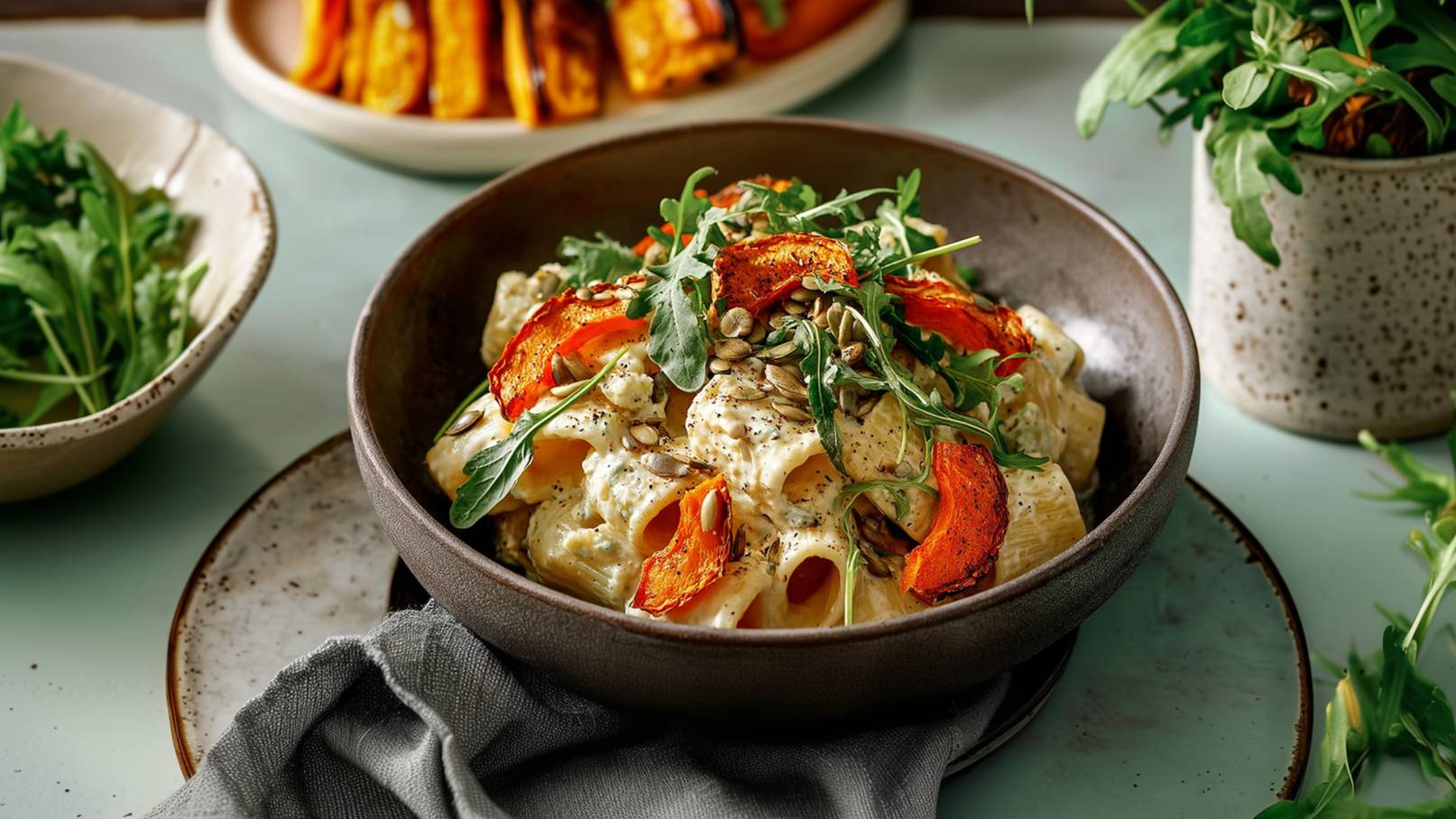 Eine Schüssel mit cremigen Pasta-Röhren ist mit Rucola, geröstetem Kürbis und Kürbiskernen dekoriert. Die Mahlzeit wird auf einem grauen Tuch serviert, umgeben von frischem Rucola und einer zusätzlichen Portion Kürbis.